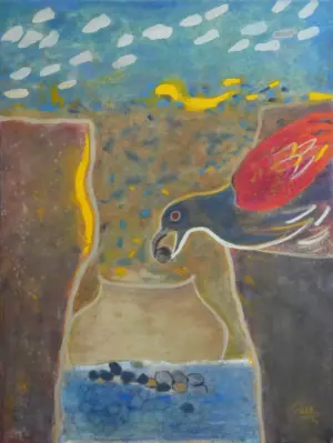 <b>Rekha Hebbar Rao</b><br>The Thirsty Coucal (Crow Family Red Wings)<br>Acrylic & Oil on Canvas<br>48 x 36 Inches<br>2024