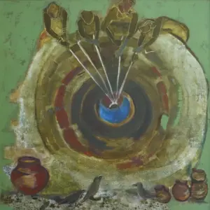 <b>Rekha Hebbar Rao</b><br>At the Well<br>Acrylic & Oil on Canvas<br>30 x 30 Inches<br>Unknown