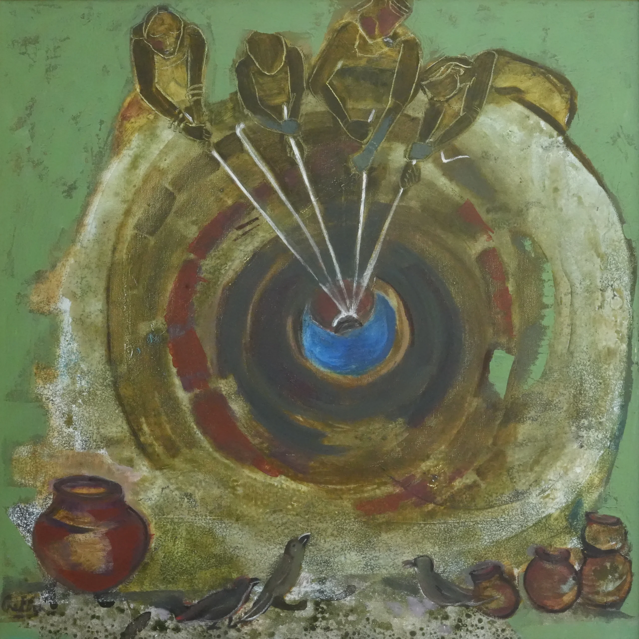 <b>Rekha Hebbar Rao</b><br>At the Well<br>Acrylic on Canvas<br>30 x 30 Inches<br>2025