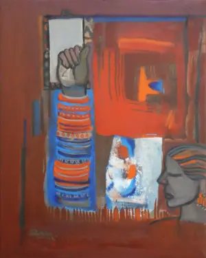 <b>Rekha Hebbar Rao</b><br>Bangle Seller<br>Acrylic & Oil on Canvas<br>30 x 24 Inches<br>2014