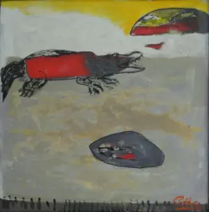 <b>Rekha Hebbar Rao</b><br>Waiting for Prey<br>Acrylic & Oil on Canvas<br>15 x 15 Inches<br>Unknown