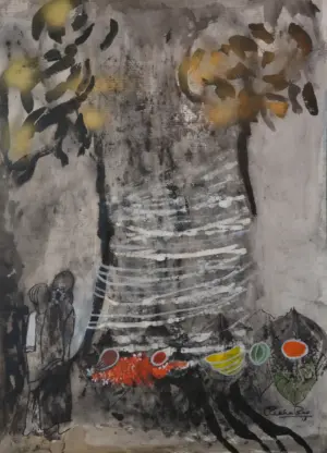 <b>Rekha Hebbar Rao</b><br>Vat Purnima<br>Acrylic on Paper<br>29.5 x 21 Inches<br>2013