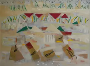 <b>Rekha Hebbar Rao</b><br>Bird Sanctuary<br>Acrylic & Oil on Canvas<br>36 x 48 Inches<br>2014