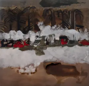 <b>Rekha Hebbar Rao</b><br>Foam and Froth<br>Acrylic & Oil on Canvas<br>48 x 48 Inches<br>2018