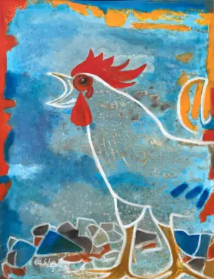 <b>Rekha Hebbar Rao</b><br>Wakeup Call<br>Acrylic & Oil on Canvas<br>48 x 36 Inches<br>Unknown