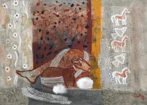 <b>Rekha Hebbar Rao</b><br>Then & Now<br>Acrylic on Canvas<br>36 x 48 Inches<br>2008