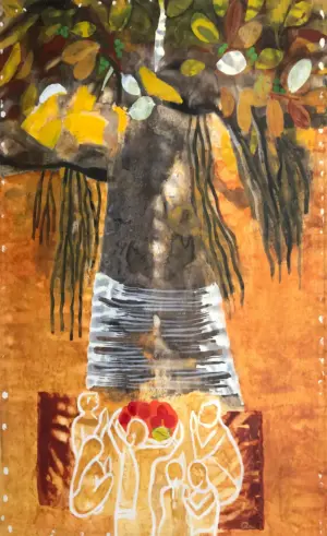 <b>Rekha Hebbar Rao</b><br>The Banyan Tree (Offering)<br>Acrylic on Canvas<br>96 x 71 Inches<br>2023