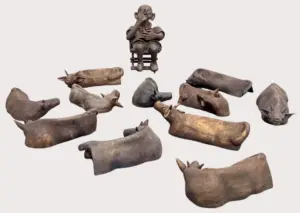 <b>G. Reghu</b><br>Untitled<br> Bronze<br>Cows: Ranging from 5.25 x 13 x 8 Inches to<br>5 x 17.5 x 6.78 Inches (Variable Sizes)  <br>Smoking Figure: 20 x 12 x 17 Inches<br>Unknown