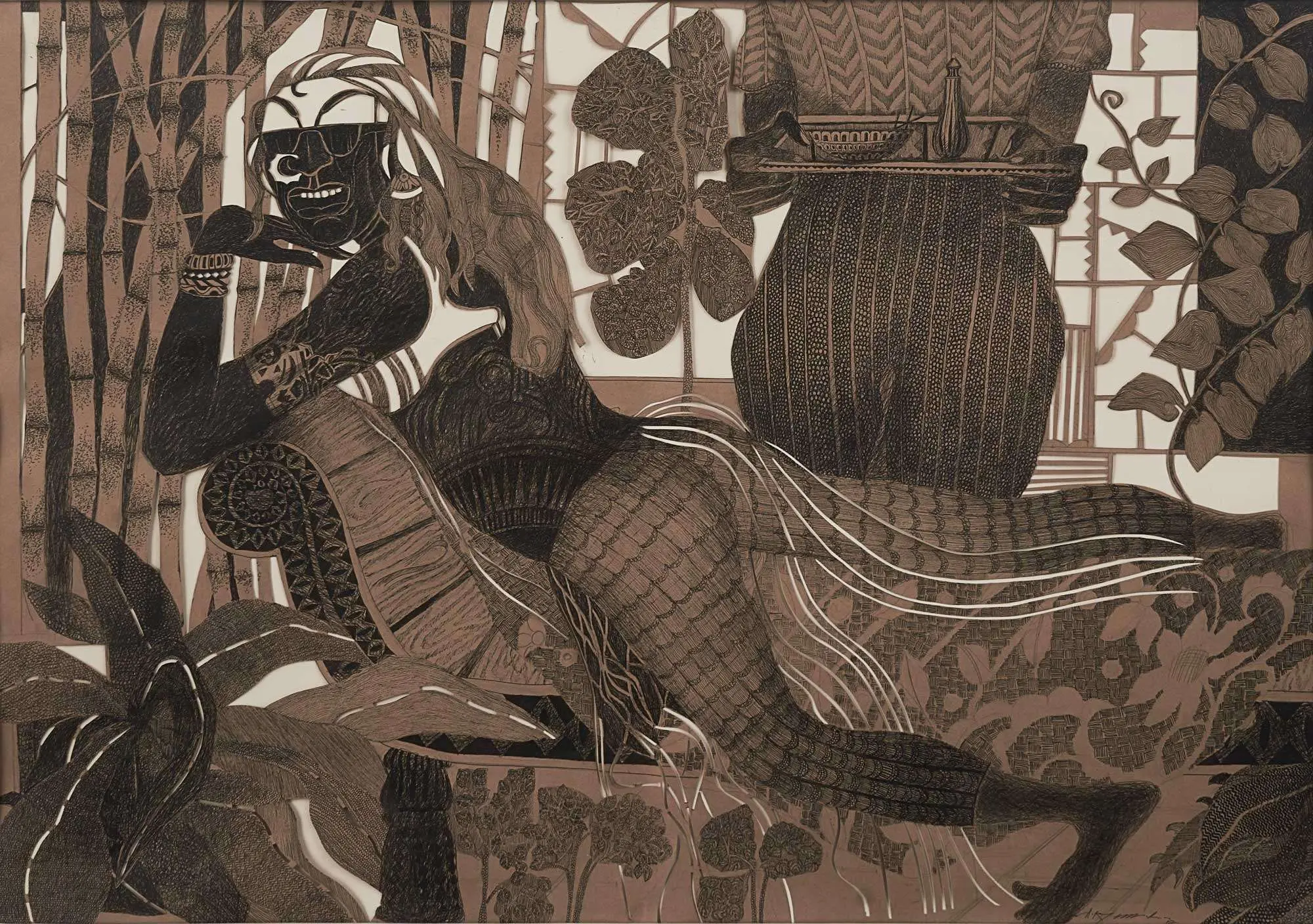 <b>A. Rajeswara Rao</b><br>Massage Centre<br>Pen & Ink on Paper Cut<br>36 ? 30 Inches<br>2017