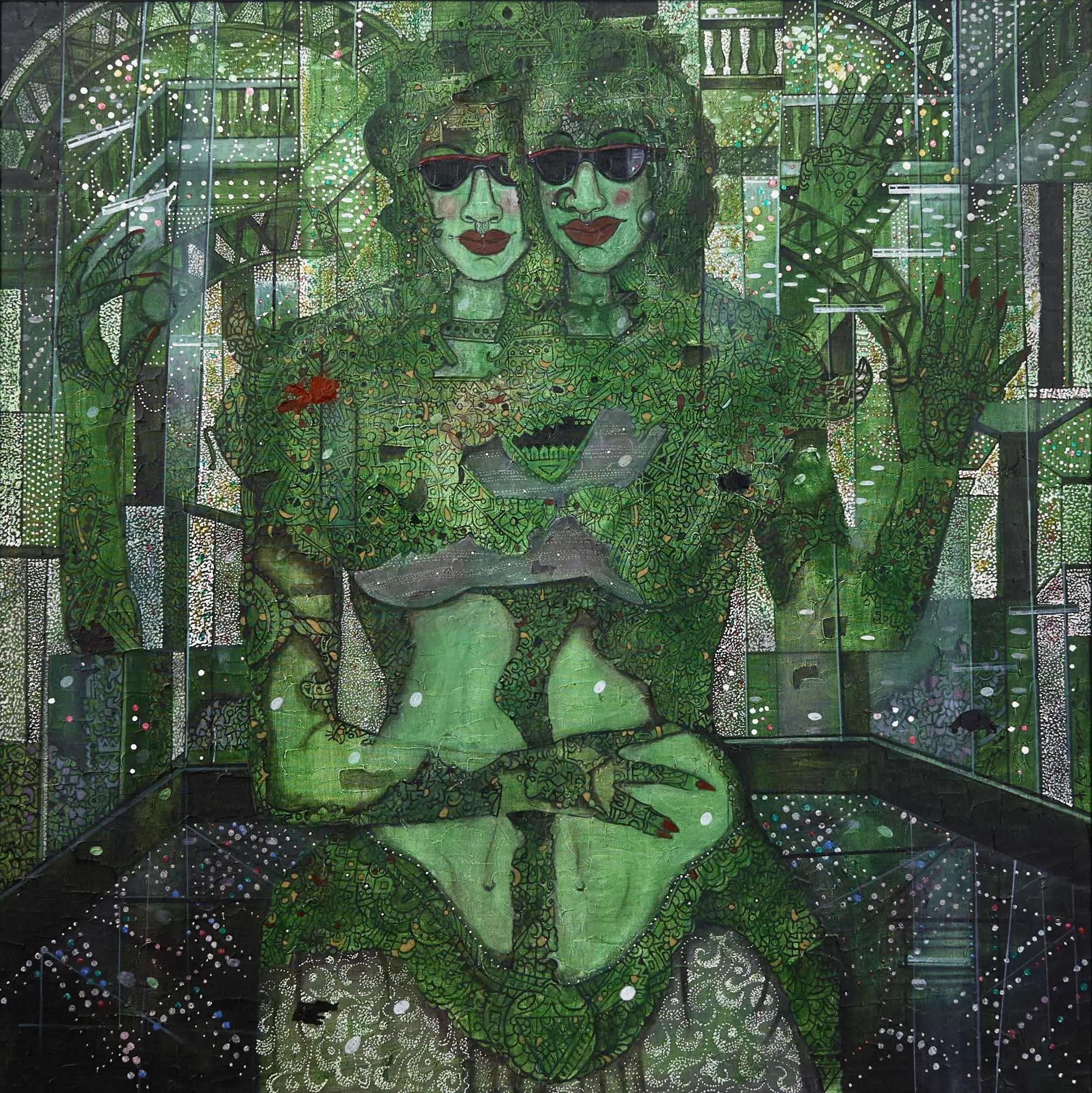 <b>A. Rajeswara Rao</b><br>We are the Golden Siamese<br>Acrylic on Canvas<br> 48 x 48 Inches<br>Unknown