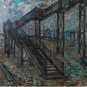 <b>Apurva Desai</b><br>Bridge over the Railway Line<br>Oil on Canvas<br>72 x 72 Inches<br>2022