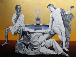 <b>Manoj Vyloor</b><br>Memoriam: A Tableaun<br> Acrylic on Canvas<br>96 x 72 Inches<br>2021