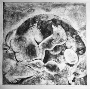 <b>Somnath Hore</b><br>Mithuna<br>Etching on Paper <br>19.5 x 19.5 Inches<br>1976<br>Edition-Artist's Proof - 1/12