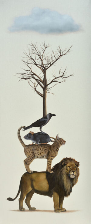 <b> Dushyant Patel </b><br> The Survival of the Fittest <br> Acrylic and Oil on Canvas <br> 60 x 24 Inches<br> 2025