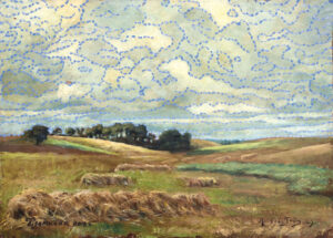 <b>Unidentified Artist & Tawatchai Somkong </b><br>Dotted Lines in the sky <br> Oil on Canvas <br> 11.6 x 16 Inches<br> 2022