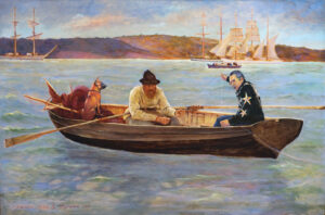 <b> T.S Benson & Tawatchai Somkong </b><br> A Dog, Fisherman and Artist <br> Oil on Canvas <br> 19.3 x 29.6 Inches<br> 2015