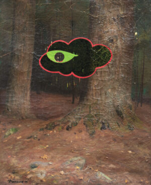 <b> Hri Dubois & Tawatchai Somkong </b><br> Surveiling Eye in the Trees <br> Oil on Canvas <br> 21.7 x 17.6 Inches<br> 2019