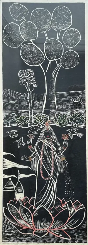 <b>Durga Kainthola</b><br>Bharat Maata<br>Woodcut on Japanese Rice paper, Watercolor, Gold Foil and Sequins<br> 36 x 12 Inches<br>2024