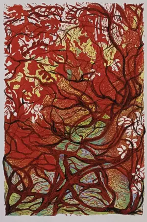 <b>Kavita Nayar</b><br>Blooms of Bliss<br>Woodcut with Watercolours<br>17.7 x 11.8 Inches<br>2024