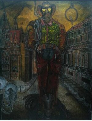 <b>A.Rajeswara Rao</b><br>Never Die Ever Again<br>Acrylic on Canvas<br>72 x 48 Inches<br>Unknown