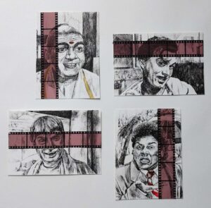 <b>Bhartti Verma</b><br>Milestone of Comedy<br>Film Reel Acrylic and Pen on Acid Free Paper<br>13 x 13 Inches<br>2021