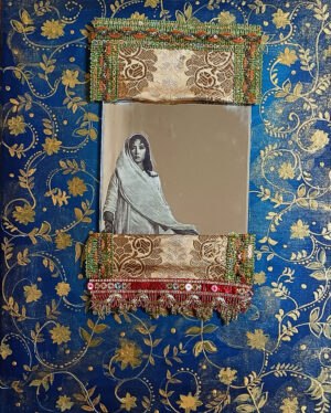 <b>Debosmita Samanta</b><br>Mohe Bhul Gaye Sanwariya<br>Acrylic, Paper Cut-outs (decoupage) and Mirror on framed Plywood<br>10 x 12 Inches<br>2023