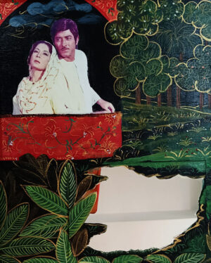<b>Debosmita Samanta</b><br>Chalo Dildar Chalo<br>Acrylic, Paper Cut-outs (decoupage) and Mirror on framed Plywood<br>10 x 12 Inches<br>Unknown