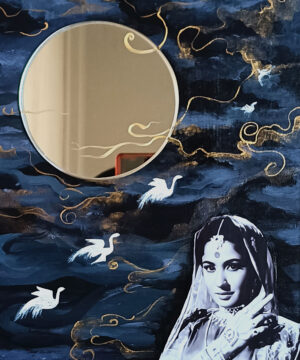 <b>Debosmita Samanta</b><br>Ruk Ja Raat Thahar Ja re Chanda<br>Acrylic, Paper Cut-outs (decoupage) and Mirror on framed Plywood<br>10 x 12 Inches<br>2023