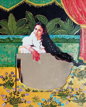 <b>Debosmita Samanta</b><br>Yeh Bikhri Zulfein Yeh Khilta Gajra<br>Acrylic, Paper Cut-outs (decoupage) and Mirror on framed Plywood<br>10 x 12 Inches<br>2023