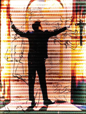 <b>KS Appajaiah</b><br>Super Star<br>Film Rolls, Acrylic Sheets with Sketches, Screen Print and Bulb Lighting<br>36 x 48 Inches<br>2021