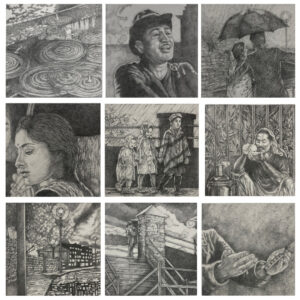 <b>Parvathi Nayar</b><br>Rain Song<br>Hand Drawn Graphite on Wooden Panels<br>9 x 9 Inches (each)<br>2022