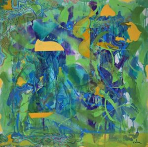 <b>Kailash Desai</b><br>Green Flower Valley<br>Acrylic on Canvas<br>42 x 42 Inches<br>2023