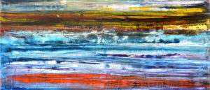 <b>Anki Bhutia</b><br>Scape Above the Blue Surface <br>Acrylic on Canvas<br> 120 x 54 Inches<br>2003