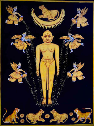 <b>Jai Khanna/b><br>The Golden Mahavira<br>Pure Gold & Natural Colours on Cloth<br>36 x 48 Inches<br>2022