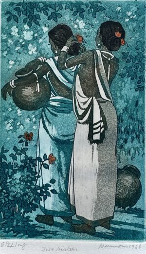 <b>Haren Das</b><br>Two Sister <br> Colour Etching on Paper <br> 5.4 x 8.4  Inches<br>1966