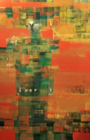 <b>Shampa Sircar Das</b><br>Embracing Compassion <br> Acrylic on Linen Canvas<br> 54 x 84 Inches<br>2011