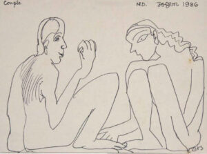 <b>Jogen Chowdhury </b><br> Couple <br> Pen and Ink on Paper <br> 6 x 7.7 Inches <br>1986