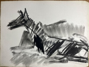 <b>Reba Hore/b><br>The Dog<br>Brush & Black Pigment on Pulp Paper <br>13 x 17.5 Inches<br>1997