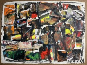 <b>Reba Hore/b><br>Collage-I<br>Painted Paper bits pasted on Pulp Paper<br>13 x 17.5 Inches<br>1997