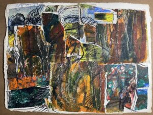 <b>Reba Hore/b><br>Collage-IV<br>Painted Paper bits pasted on Pulp Paper<br>13 x 17.5 Inches<br>1997