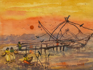<b>P.Surendranath </b><br>Kerala Net Fishing <br>Watercolour on Paper <br> 11 x 14.5 Inches<br>1969