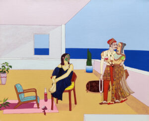 <b>Mainaz Bano </b><br>Anjali, Rahul and Tina in Kuch Kuch Hota Hai <br>Acrylic on Canvas <br>12 x 15 Inches<br>Unknown