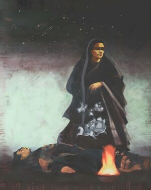 <b>Aditya Basak</b><br>Queen-II<br>Acrylic, Tempera & Silk screen on Canvas <br> 60 x 44 Inches<br>Unknown