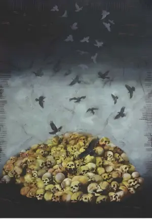 <b>Aditya Basak</b><br>End of War<br>Acrylic, Tempera & Silk Screen on Canvas <br> 60 x 44 Inches<br>Unknown