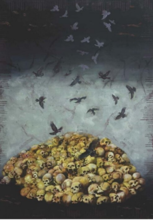 <b>Aditya Basak</b><br>End of War<br>Acrylic, Tempera & Silk screen on Canvas <br> 60 x 44 Inches<br>Unknown