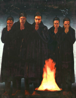 <b>Aditya Basak</b><br>Oath<br> Acrylic, Tempera & Silk screen on Canvas <br> 60 x 47 Inches<br>Unknown