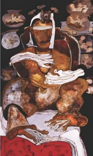 <b>Jaya Ganguly</b><br>Gandhari<br>Acrylic, Conte & Rice Paper on Canvas <br> 60 x 36 Inches<br>2019