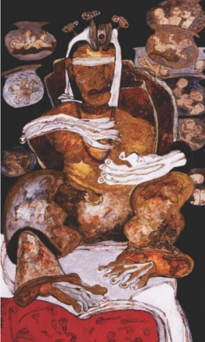 <b>Jaya Ganguly</b><br>Untitled <br>Acrylic, Conte & Rice Paper on Canvas <br> 60 x 36 Inches<br>Unknown