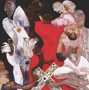 <b>Jaya Ganguly</b><br>The Game <br>Acrylic, Conte & Rice Paper on Canvas <br> 60 x 60 Inches<br>2019