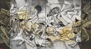 <b>Samir Aich</b><br>Kurukshetra<br>Acrylic, Conte on Canvas <br> 58 x 108 Inches<br>Unknown